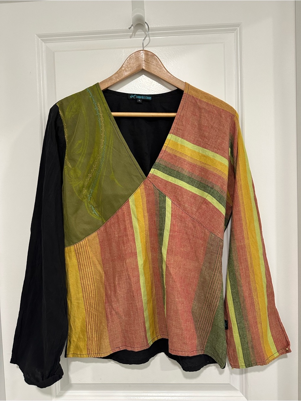 Leopards & Roses 100% Cotton Mixed-Stripe V-Neck Patchwork Top